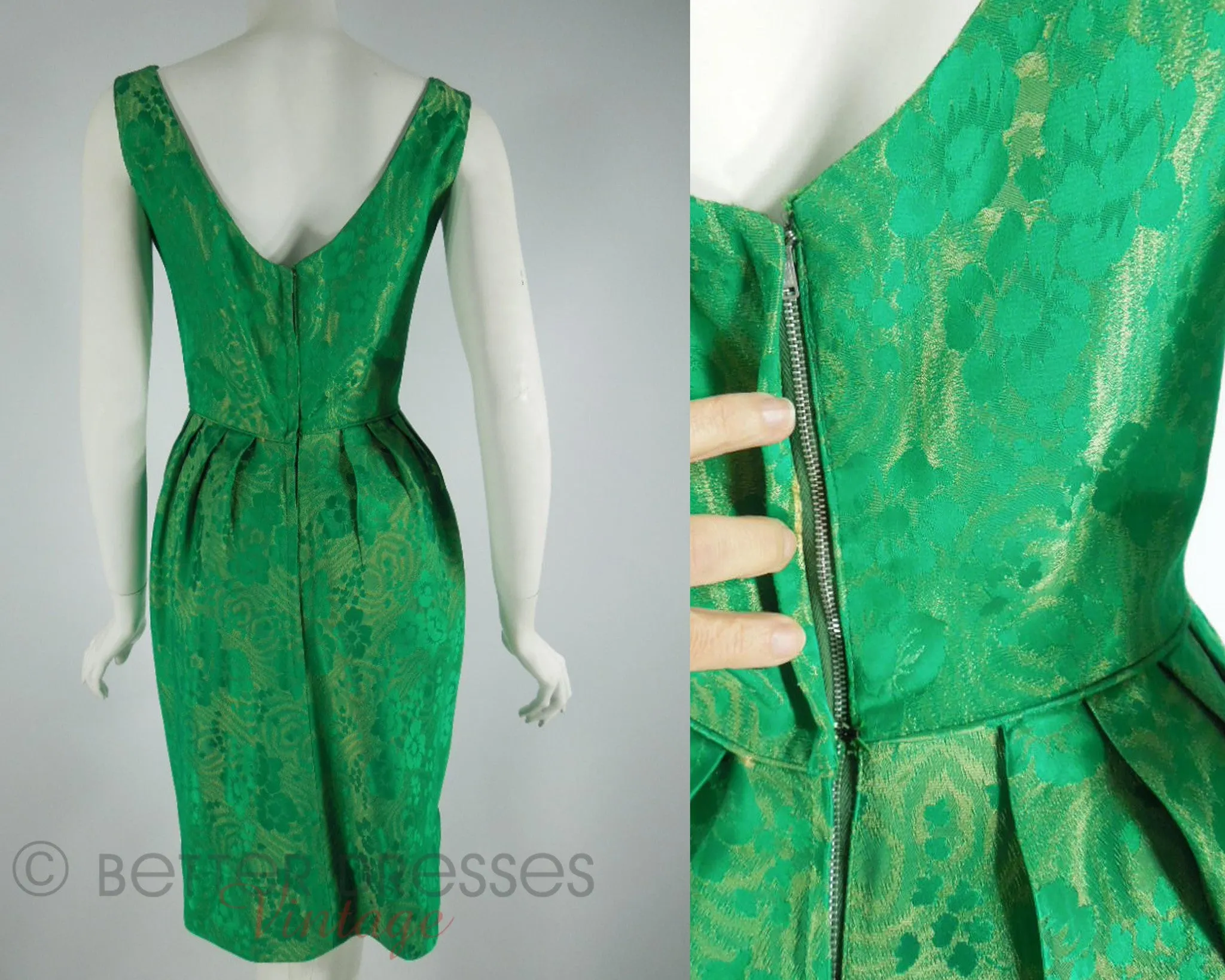 50s Green Brocade Cocktail Dress - sm