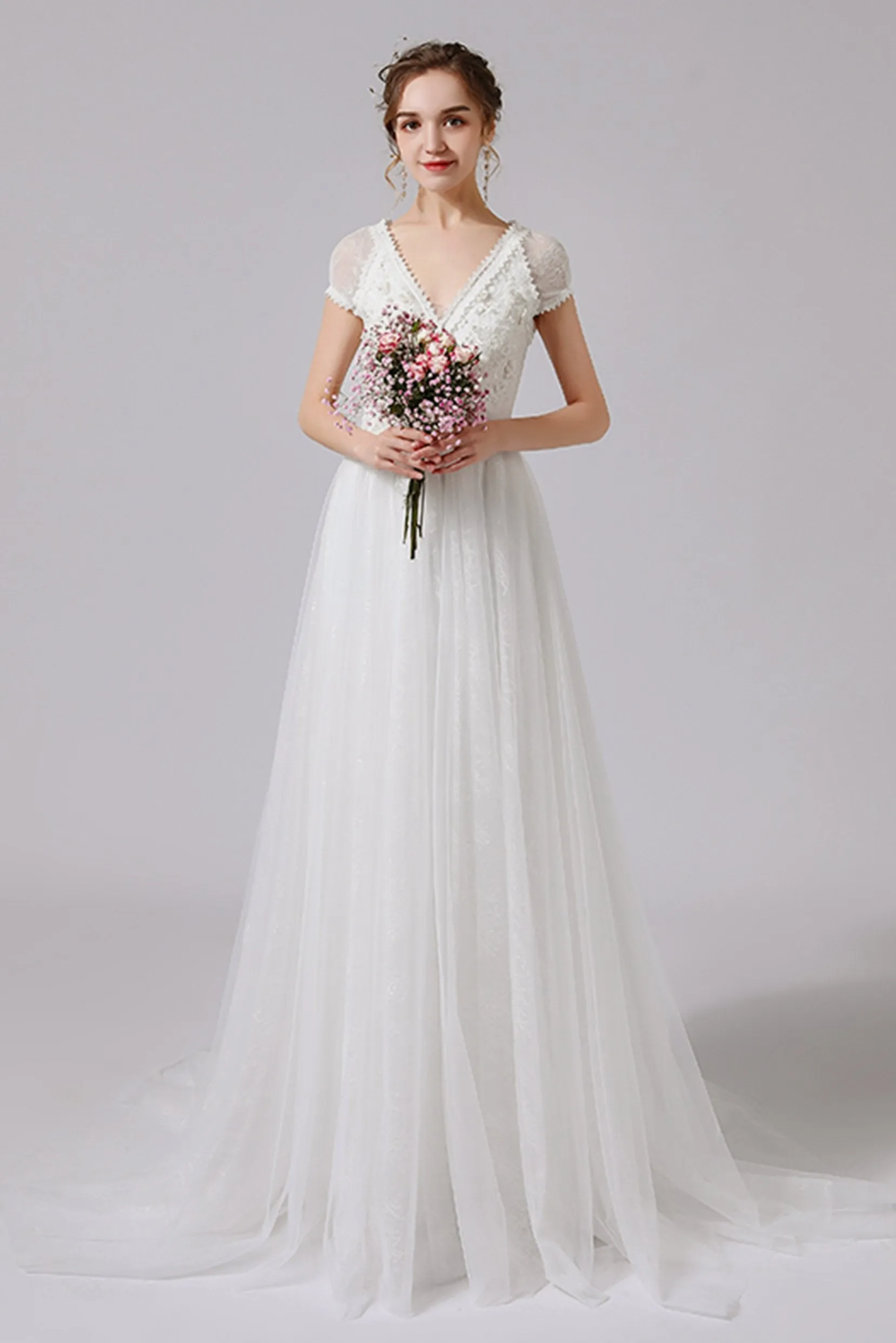 A-Line Floor Length Lace Tulle Wedding Dress CW2706