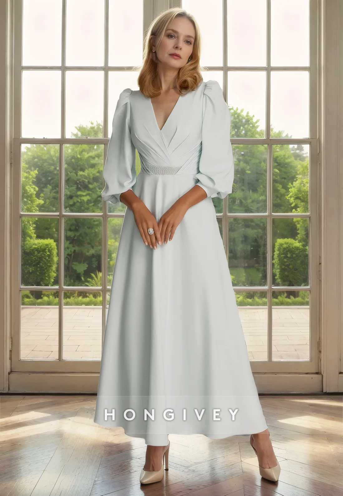 A-Line V-Neck 3/4 Sleeves Beaded Belt Mother of the Bride Dress