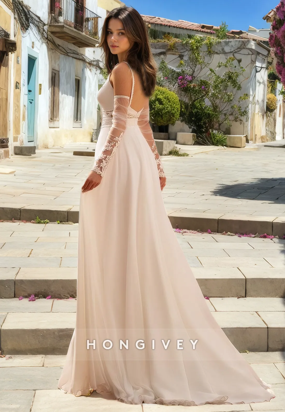 A-Line V-Neck Spaghetti Straps With Side Slit Sheer Wedding Dress