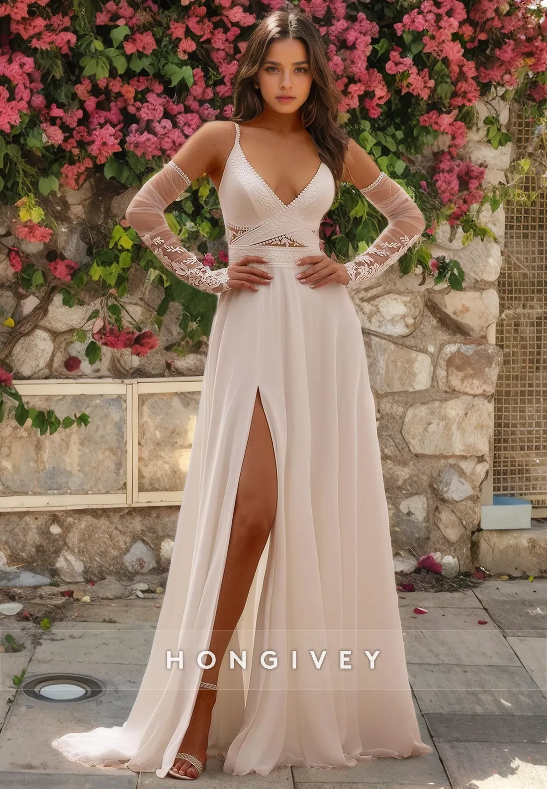 A-Line V-Neck Spaghetti Straps With Side Slit Sheer Wedding Dress