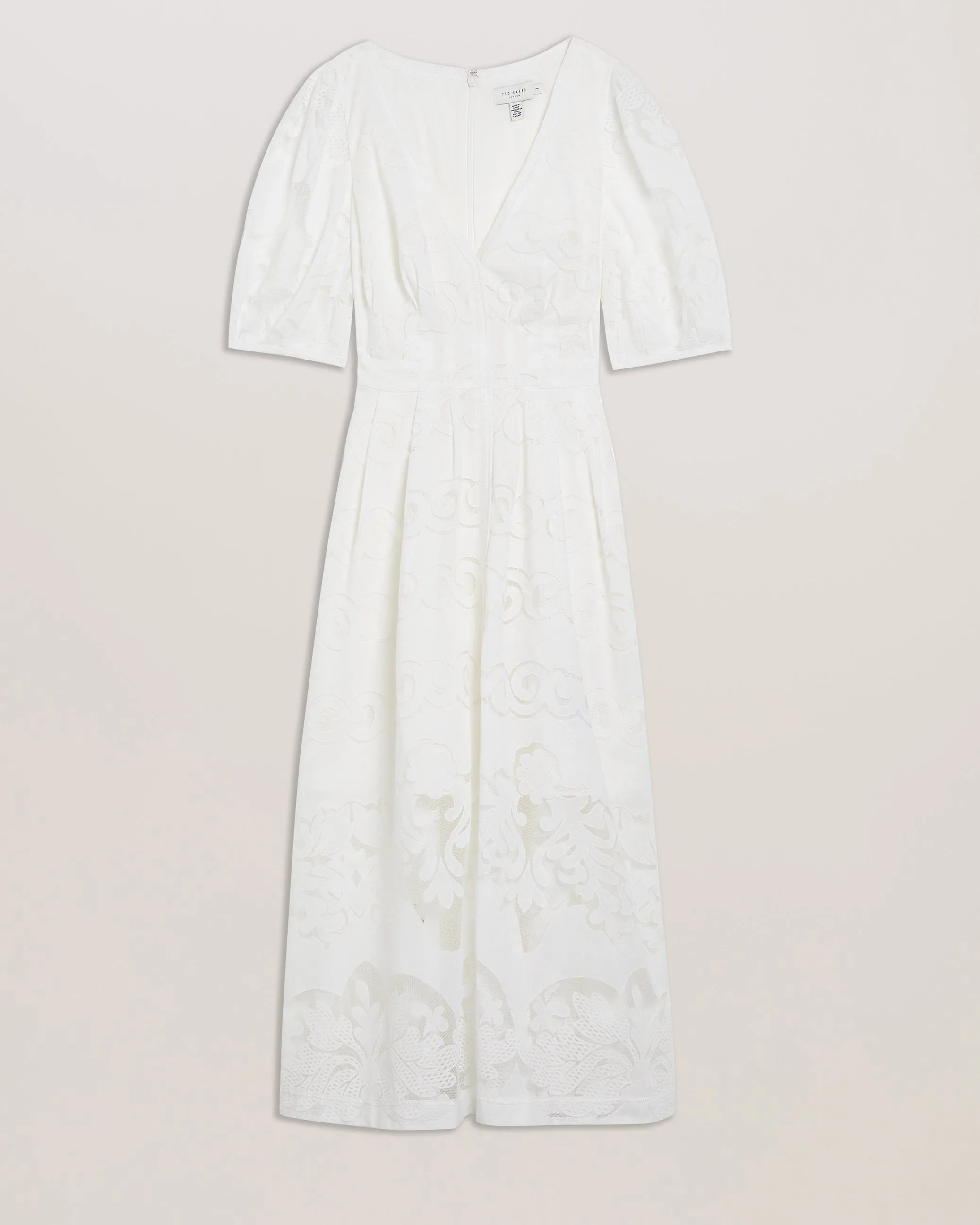 Agnel Lace Puff Sleeve Midi Dress White