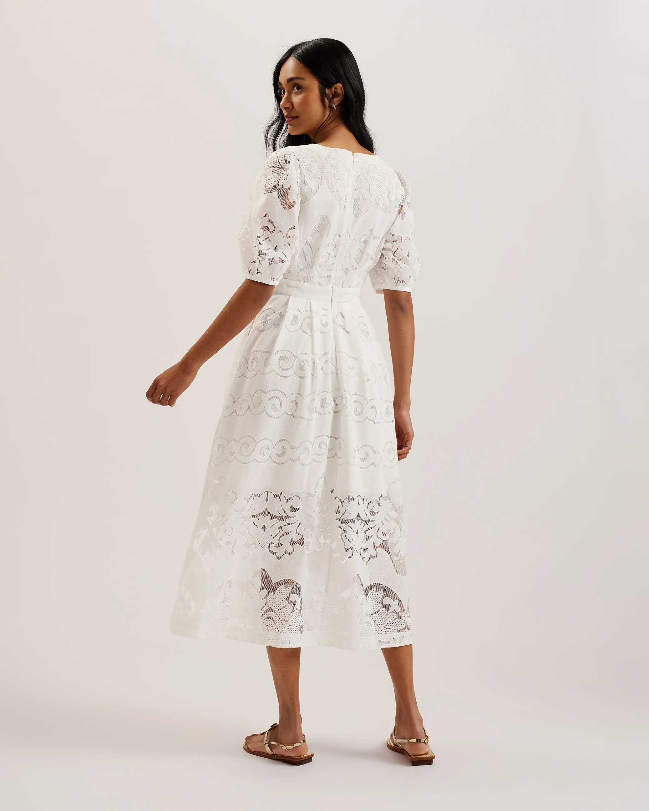 Agnel Lace Puff Sleeve Midi Dress White