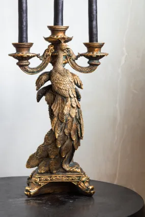 Antique Gold Peacock Trio Candlestick Holder