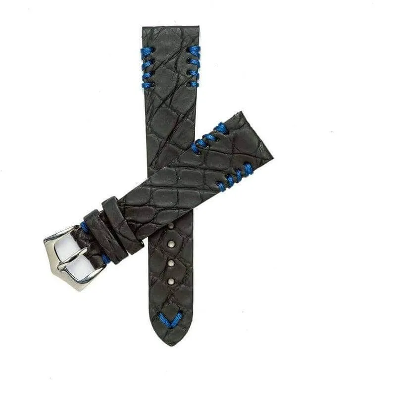 Black Rubberized Crocodile Watch Strap Blue Tribal Stitches - 20mm