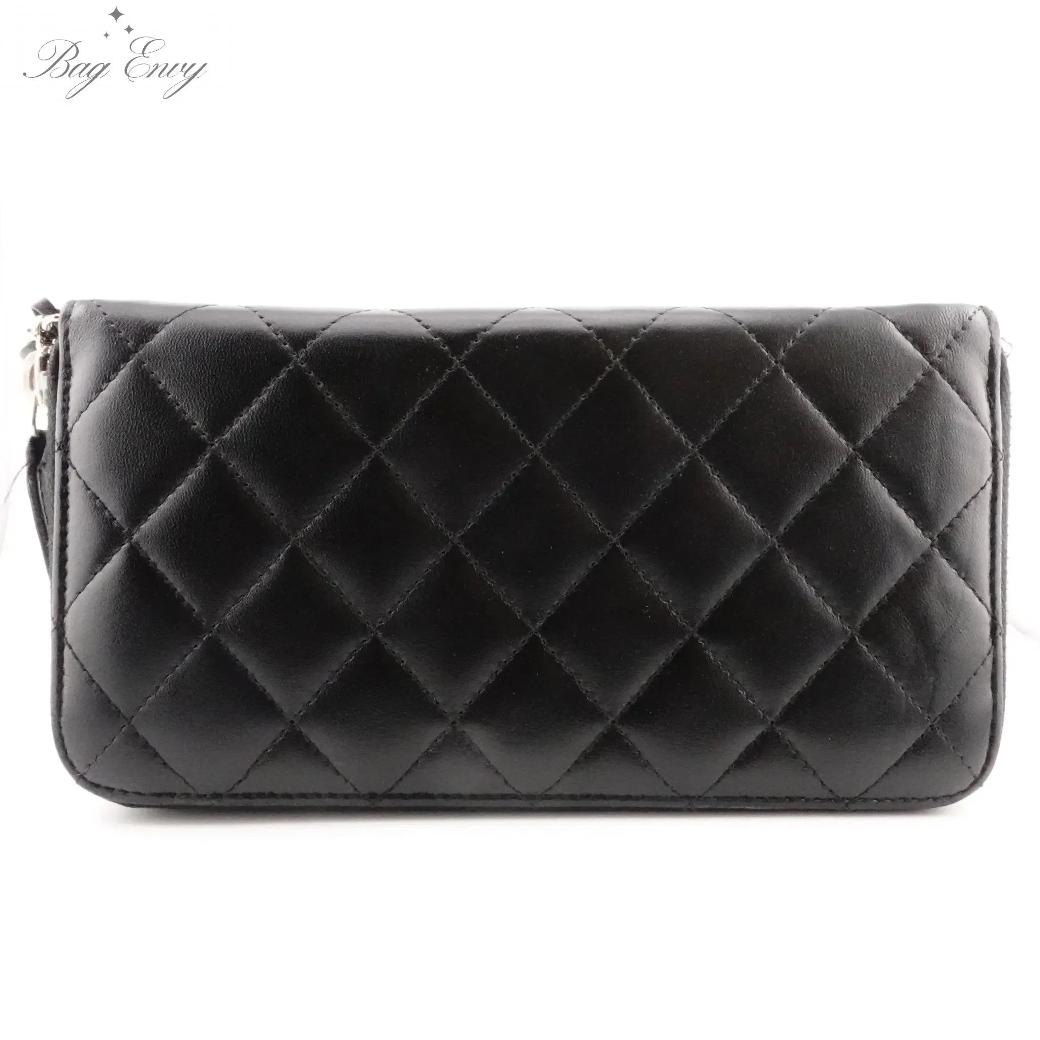 CHANEL Black Quilted Lambskin Zip Wallet with Added Chain