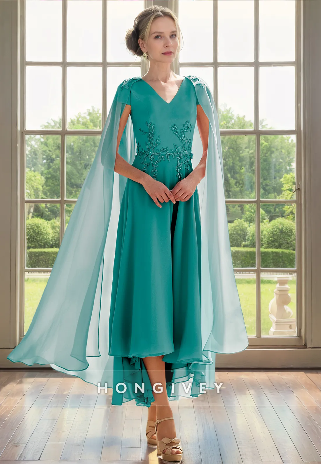 Chiffon V-Neck A-Line With Bolero Appliques Mother of the Bride Dress