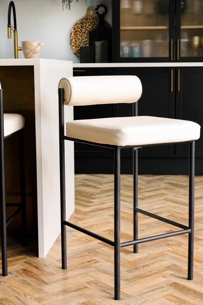 Cream & Black Faux Leather Roll Back Bar Stool