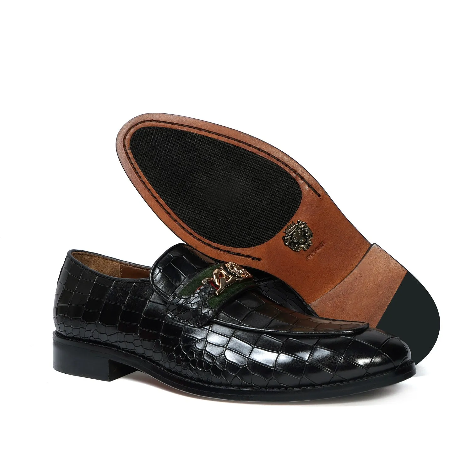 Croco Textured Black Loafer with Raised Metal Lion Chain Embellishment