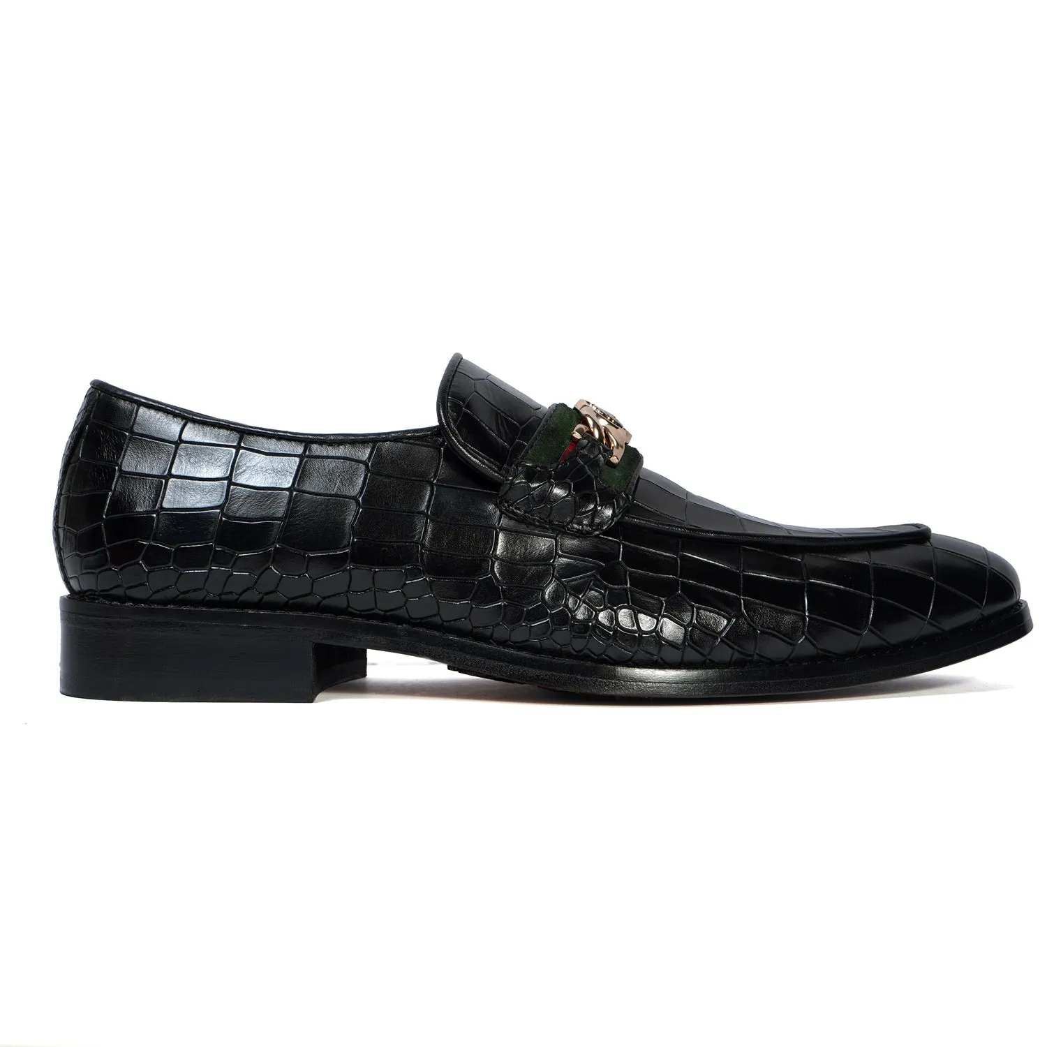 Croco Textured Black Loafer with Raised Metal Lion Chain Embellishment