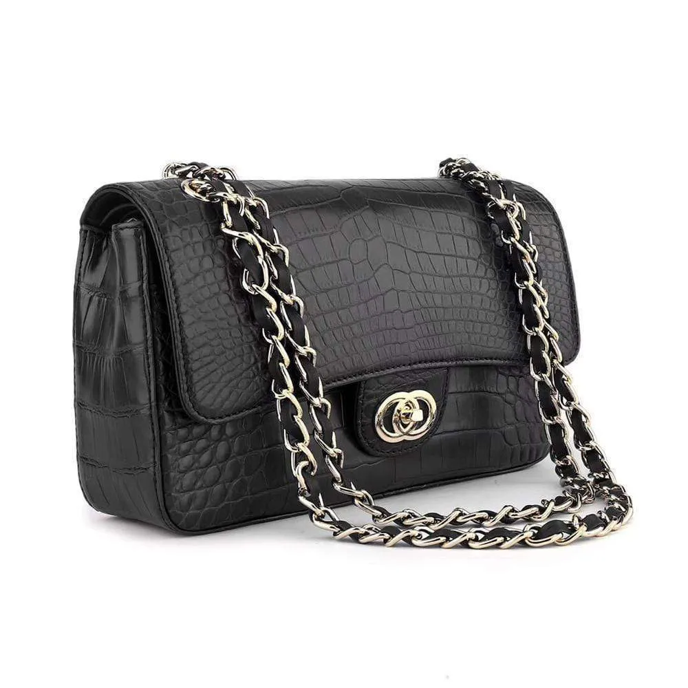 Crocodile Leather Classic Flap Chain Shoulder Bags For Women Black