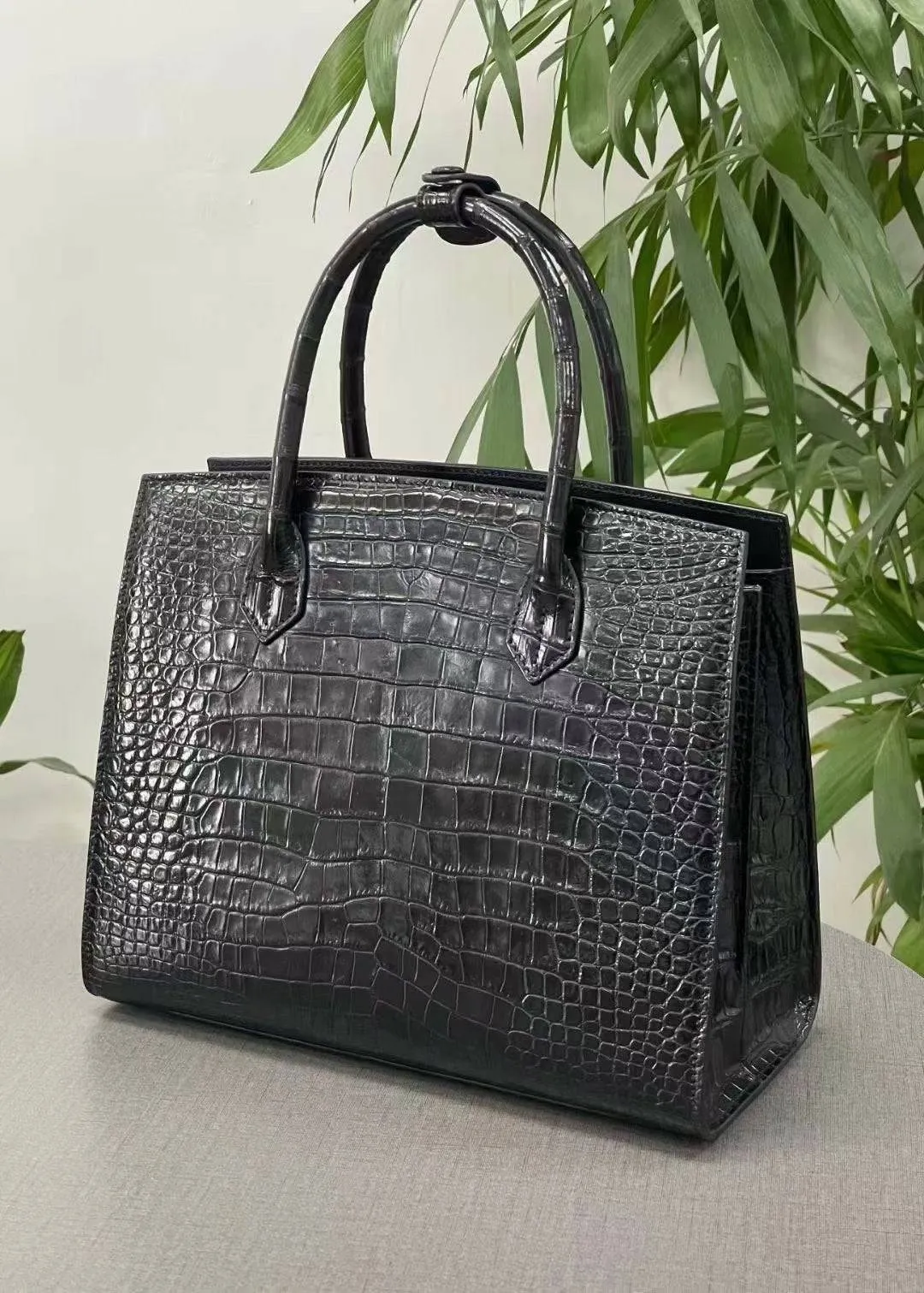 Crocodile Leather Top Handle Bag Black