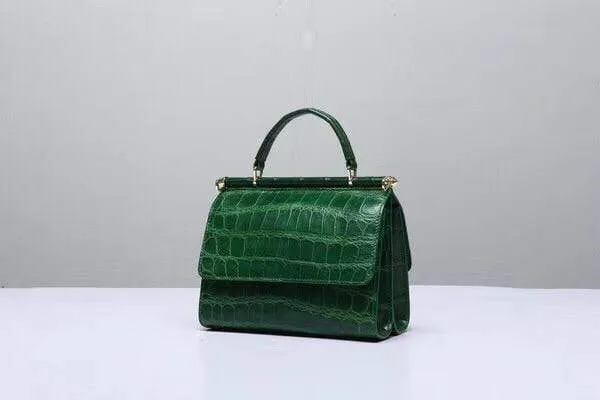 Crocodile Leather  Top Handle Bag  Dark Green