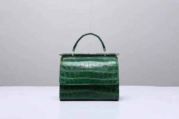 Crocodile Leather  Top Handle Bag  Dark Green