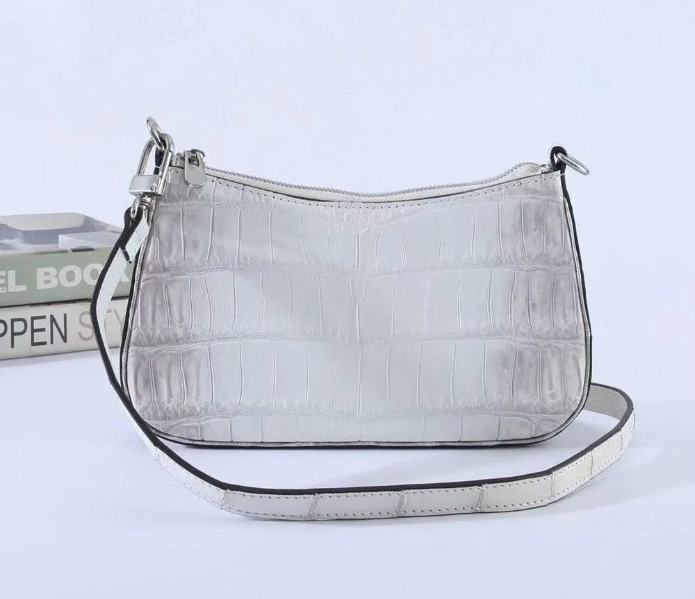 Crocodile Leather Underarm With Chain Shoulder Strap Bag Himalaya White