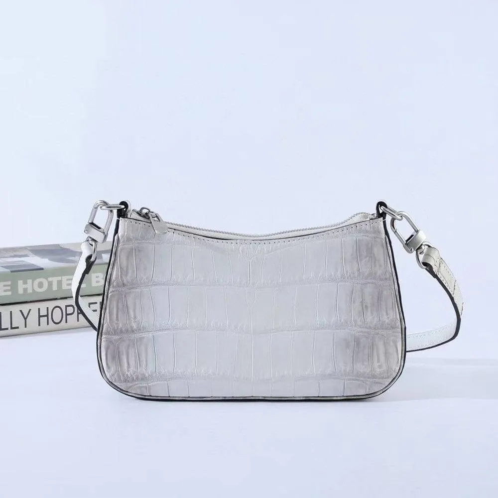 Crocodile Leather Underarm With Chain Shoulder Strap Bag Himalaya White