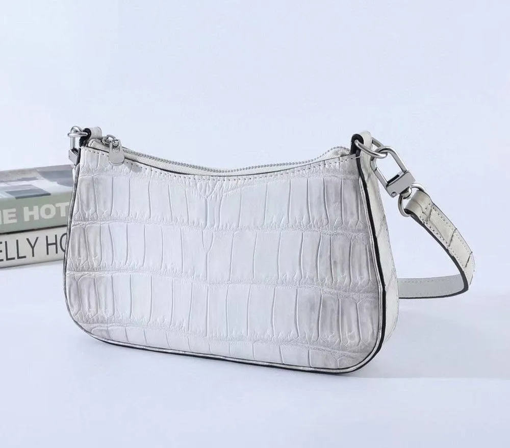 Crocodile Leather Underarm With Chain Shoulder Strap Bag Himalaya White