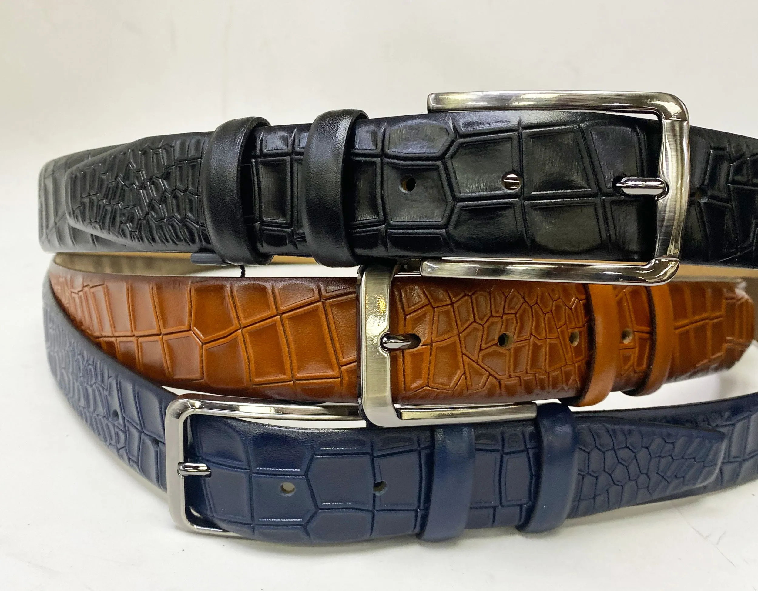 Crocodile Printed Leather Belt Cognac