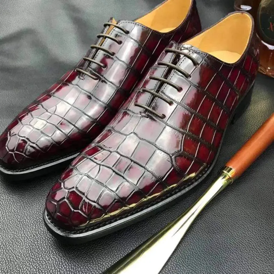 Crocodile Shoes Burnished Burgundy Derby Crocodile Belly  Leather Lace-Up Shoes For Men