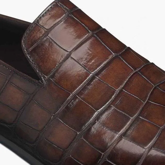 Crocodile Shoes Men's Penny Loafer Shoes, Genuine Crocodile Skin Leather Slip On Casual Dress Shoes Vintage Brown