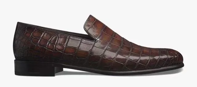 Crocodile Shoes Men's Penny Loafer Shoes, Genuine Crocodile Skin Leather Slip On Casual Dress Shoes Vintage Brown