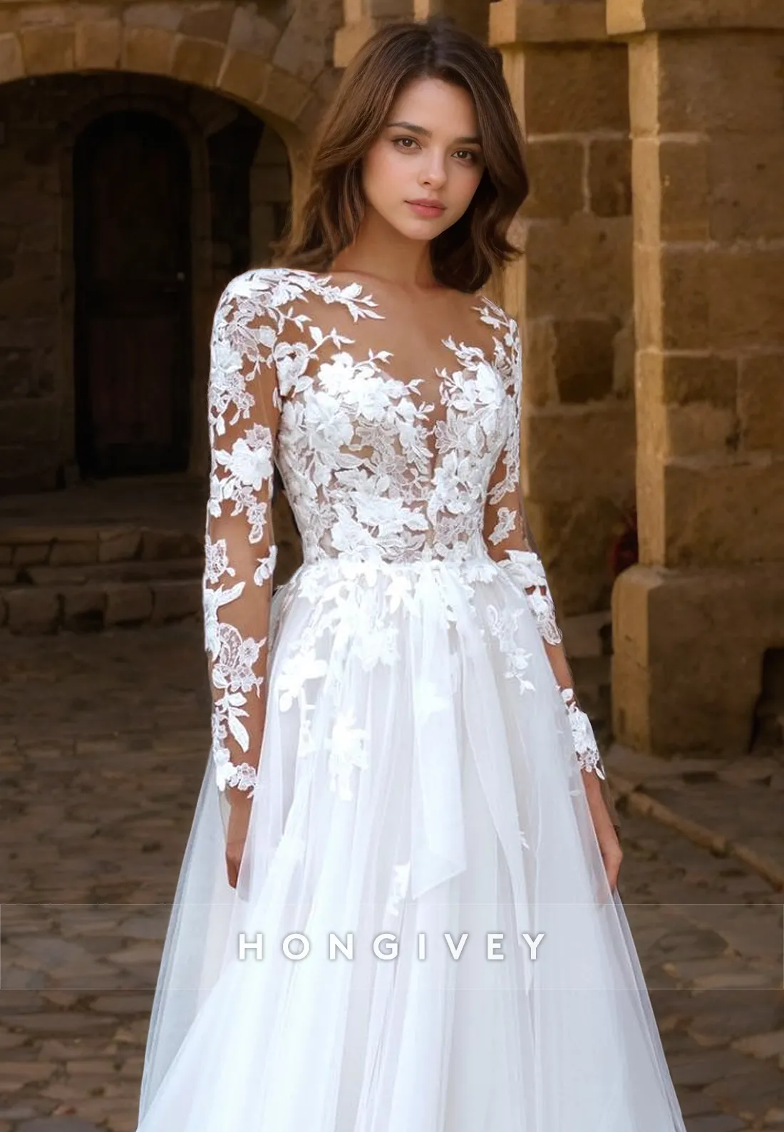 Elegant & Luxurious Tulle A-Line Long Sleeve Lace Applique Wedding Dress