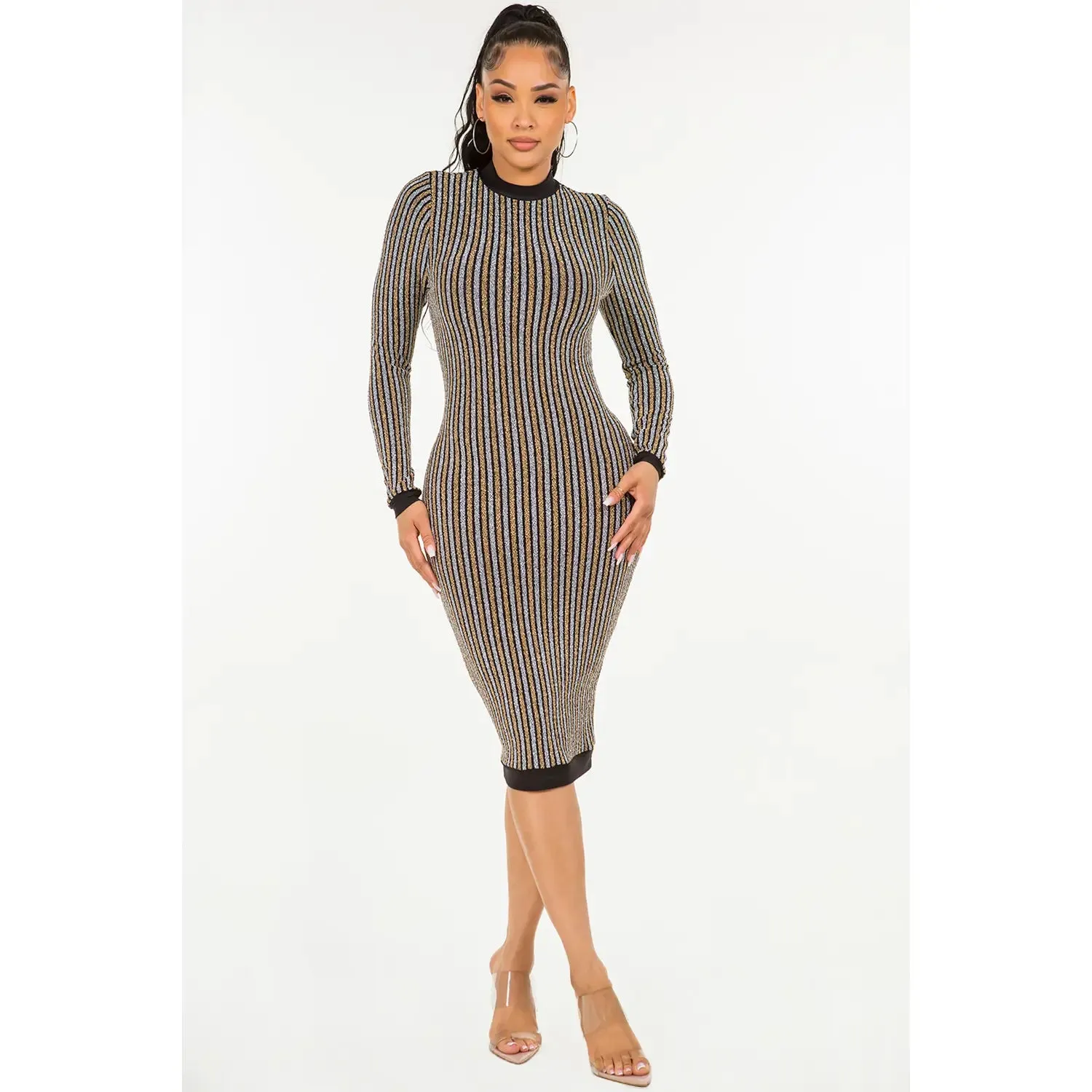 Elegant Stripe Glitter Back Zipper Midi Bodycon Dress