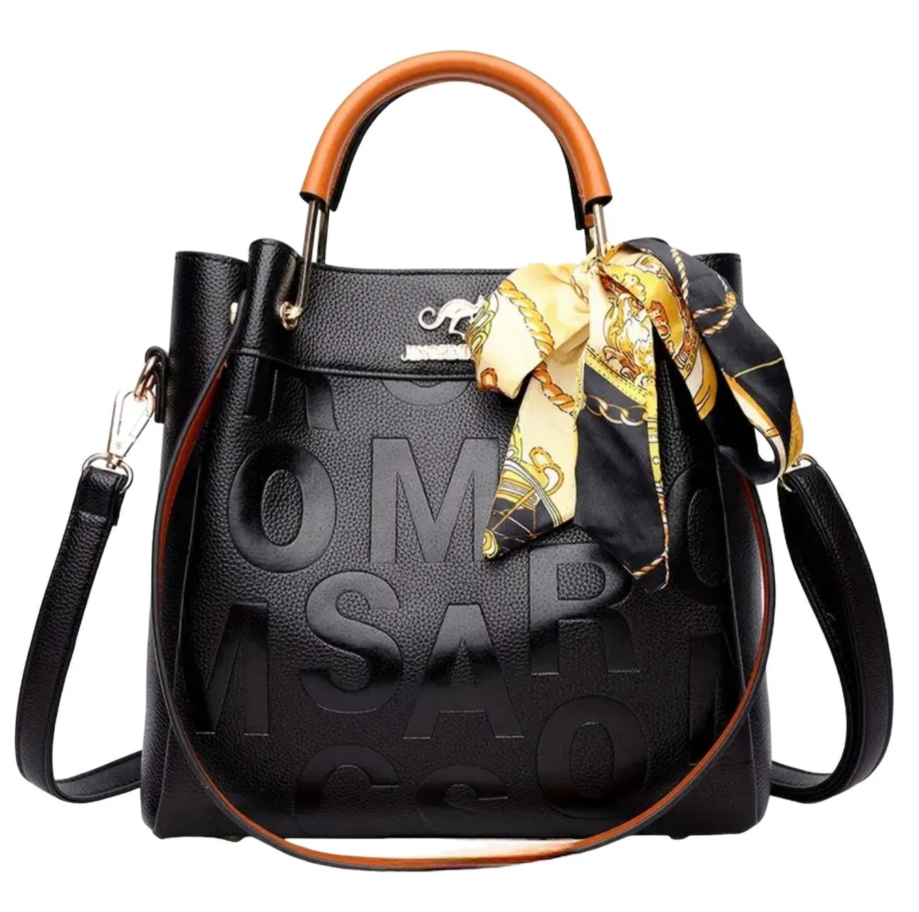 Elegant Women Tote Shoulder Bag with Scarf Black/Brown