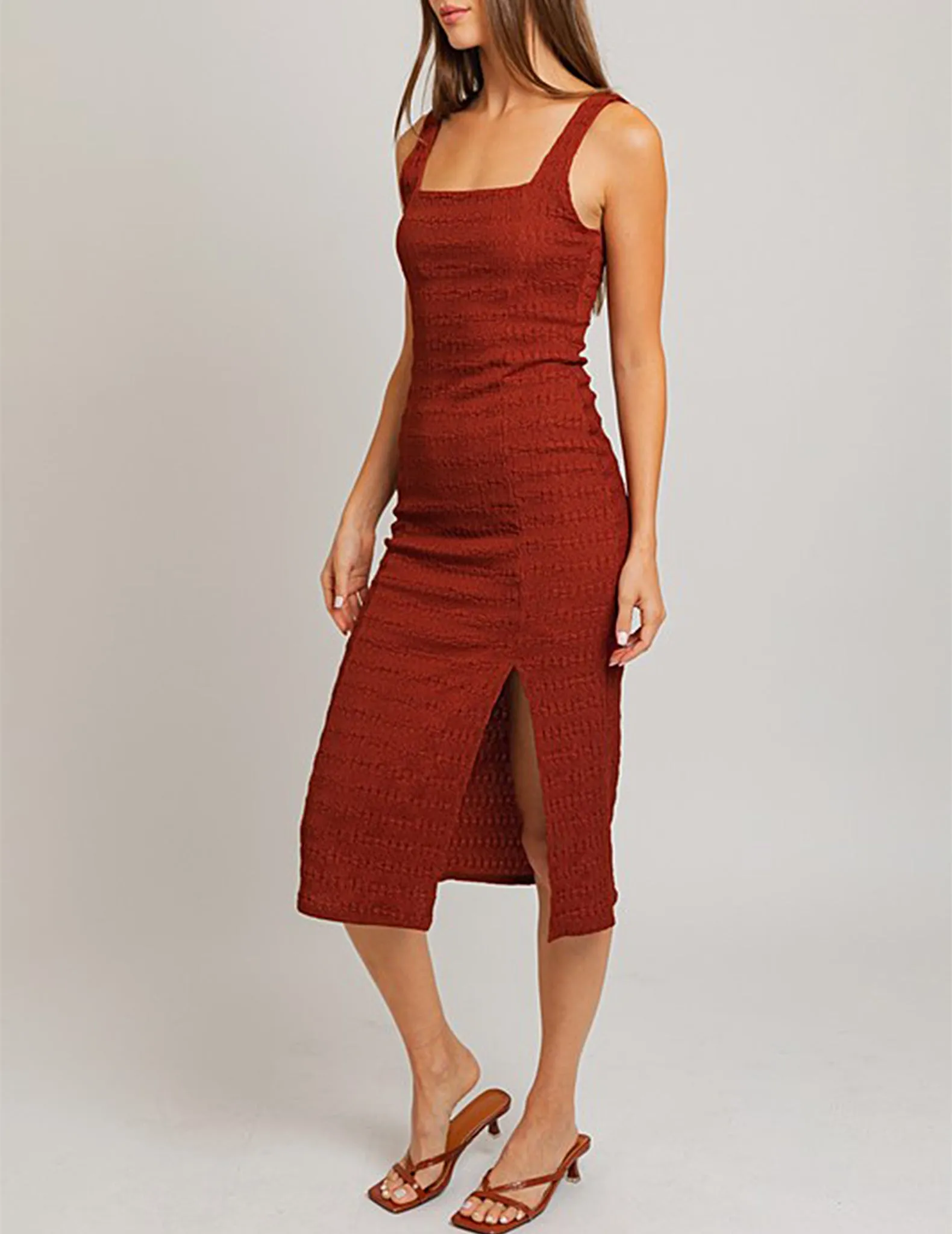 Farrah Red Clay Textured Midi Dress