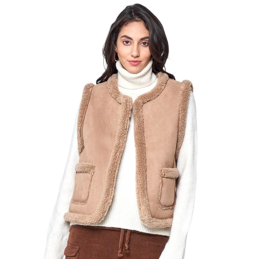 Faux Suede Sherpa Vest with Front Pockets