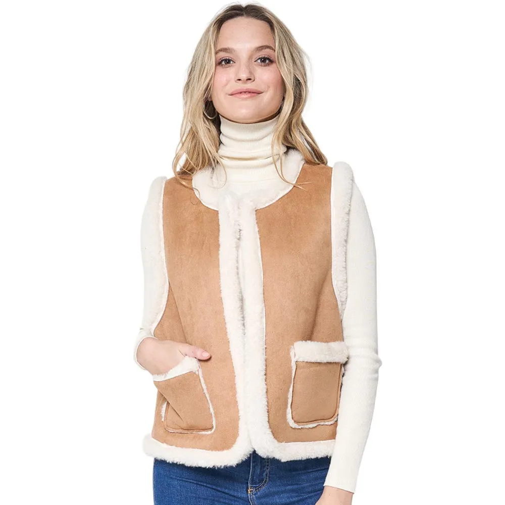 Faux Suede Sherpa Vest with Front Pockets