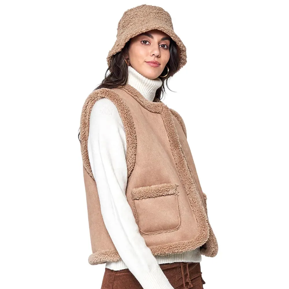 Faux Suede Sherpa Vest with Front Pockets