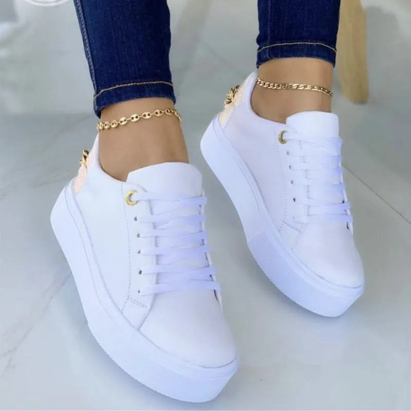 Flat Shoes With Chain Lace Up Sneakers Women Casual Sports Shoes