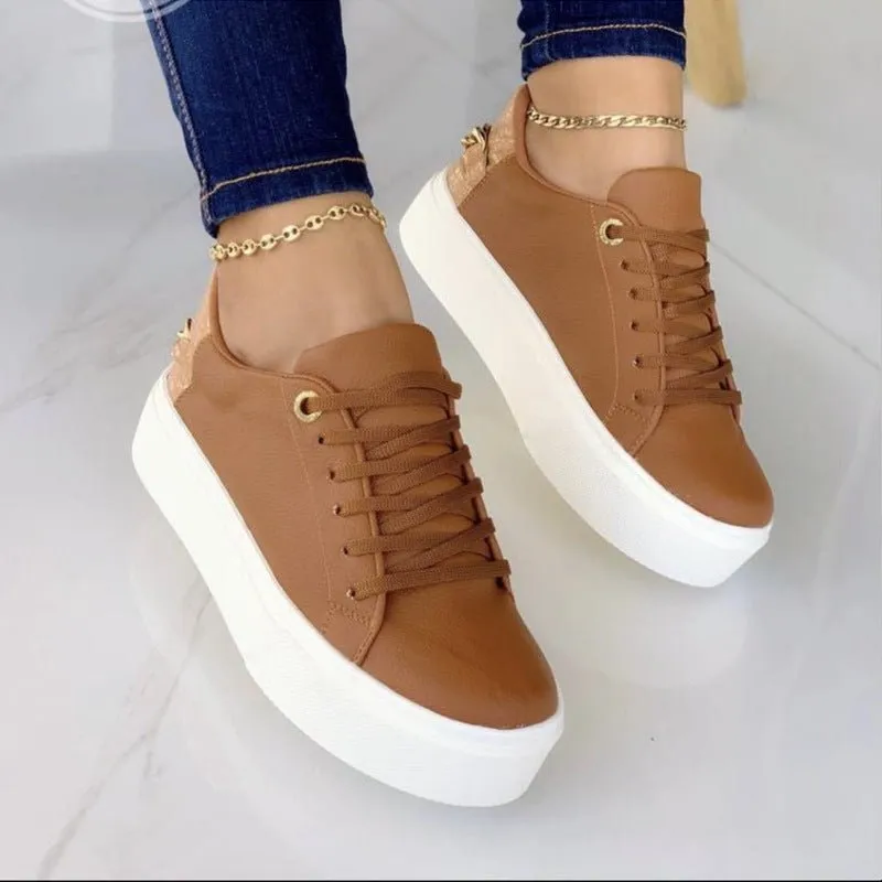 Flat Shoes With Chain Lace Up Sneakers Women Casual Sports Shoes