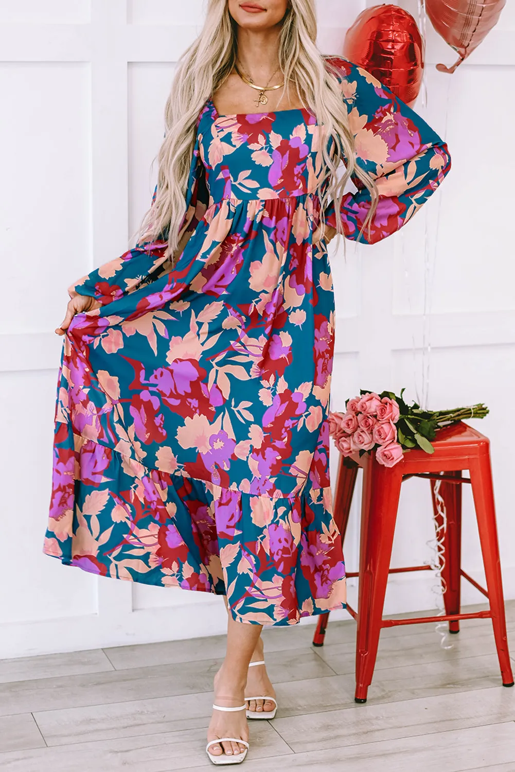 Floral Print Square Neck Ruffled High Waist Dress