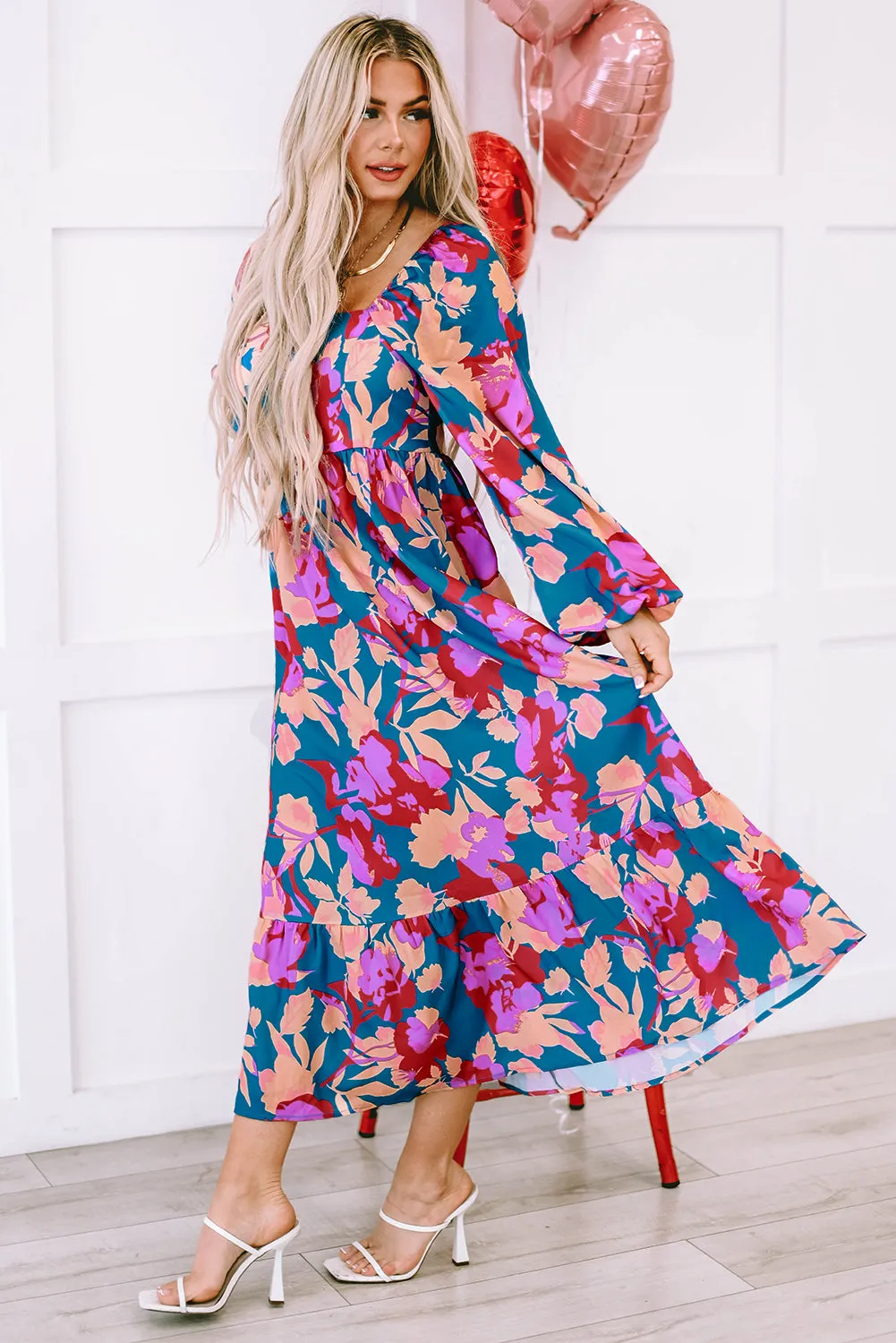 Floral Print Square Neck Ruffled High Waist Dress