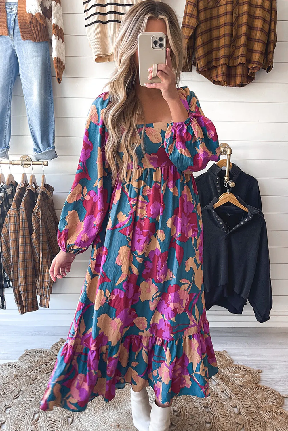 Floral Print Square Neck Ruffled High Waist Dress