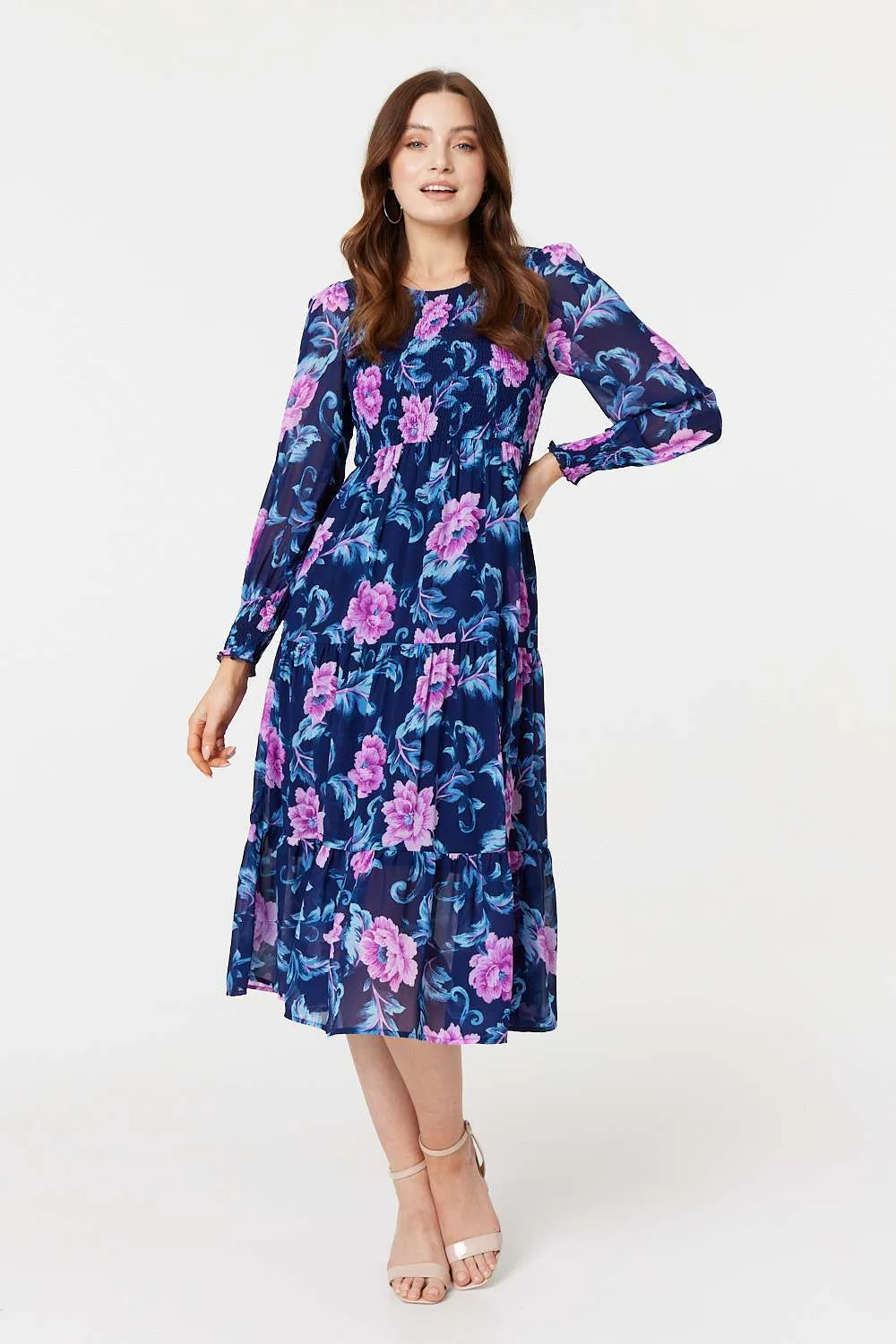 Floral Semi-Sheer Tiered Midi Dress