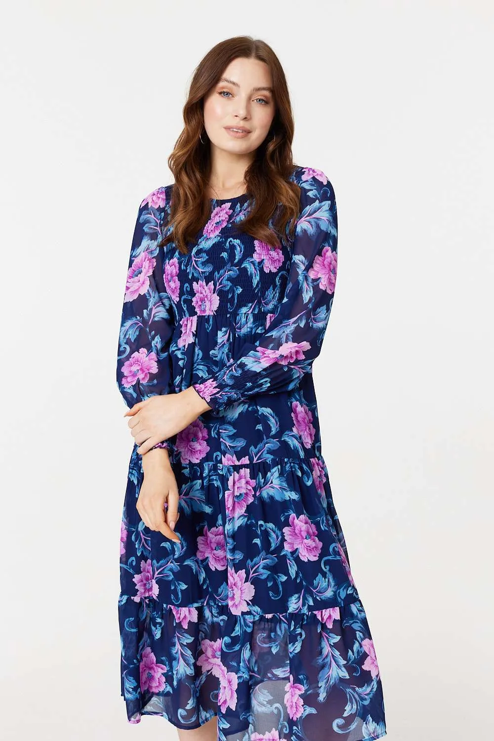 Floral Semi-Sheer Tiered Midi Dress