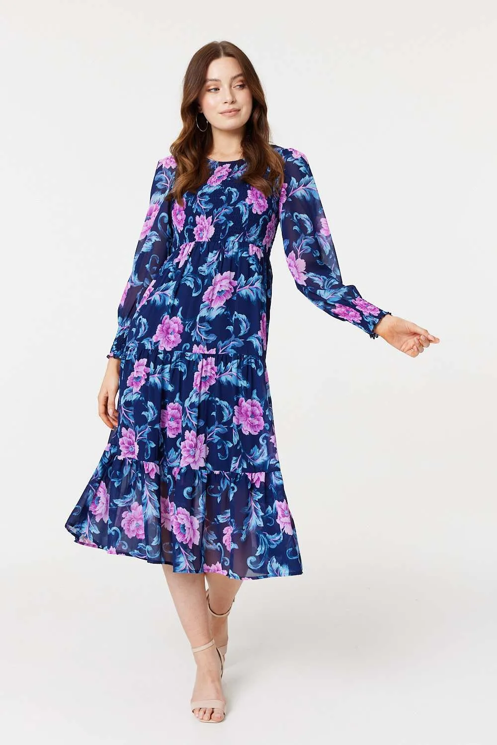 Floral Semi-Sheer Tiered Midi Dress