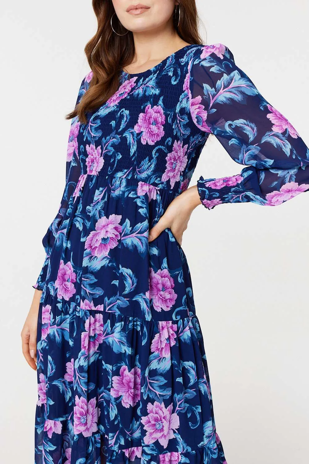 Floral Semi-Sheer Tiered Midi Dress