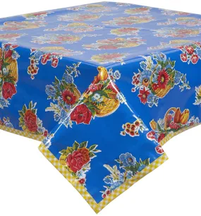 Flower Basket Blue Oilcloth Tablecloth with Yellow Gingham Trim