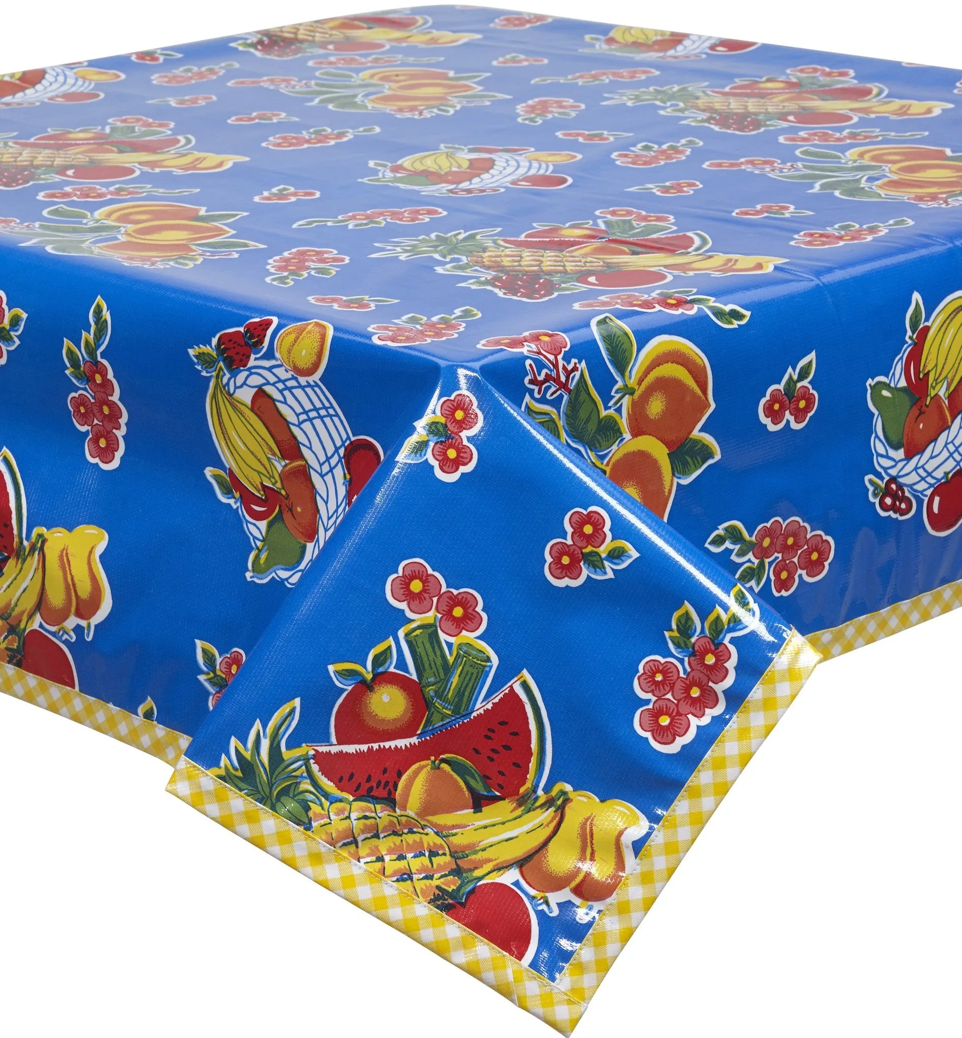 Fruit Basket Blue Oilcloth Tablecloth with Yellow Gingham Trim