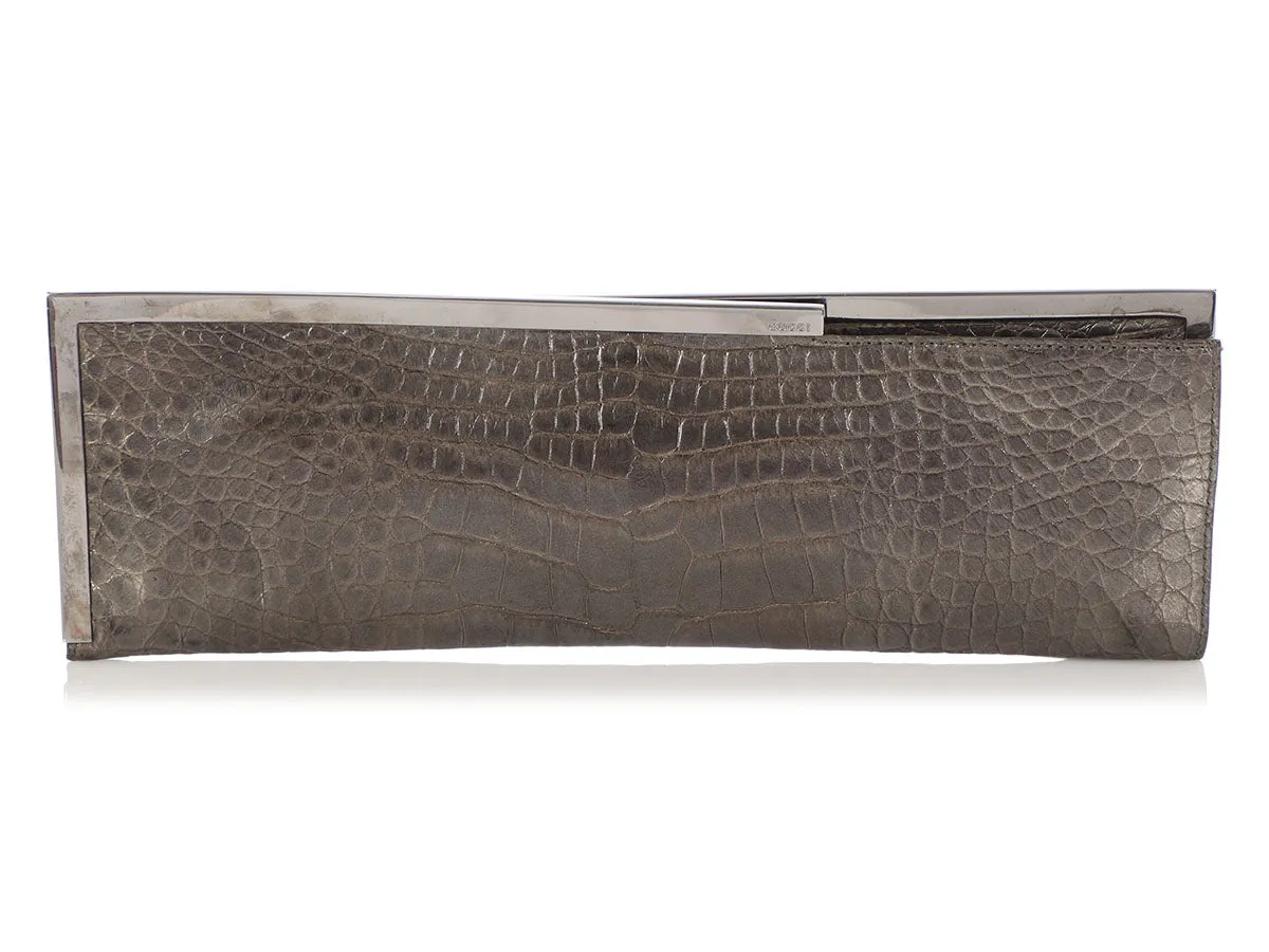 Gucci Pewter Long Crocodile Embossed Frame Clutch