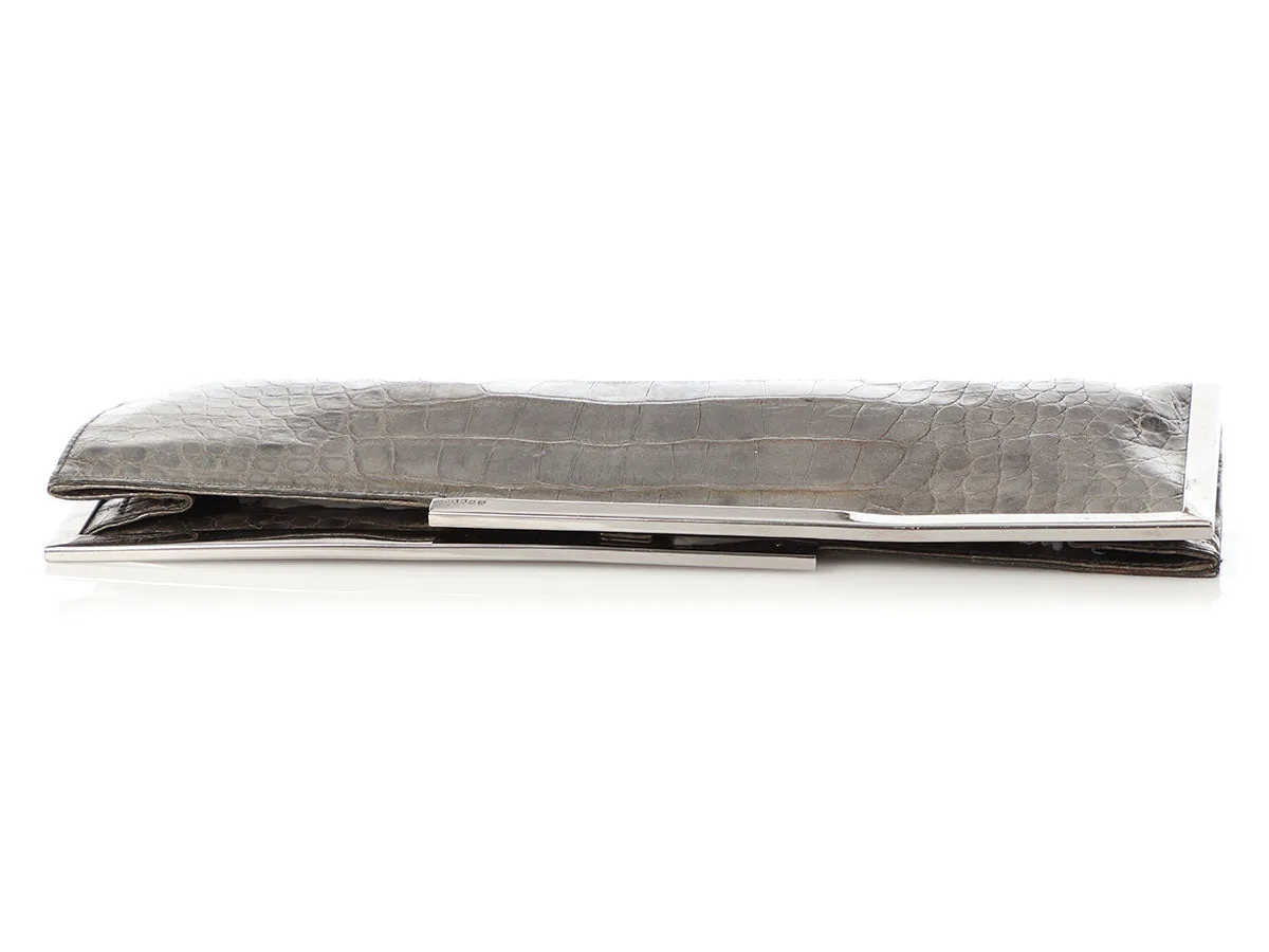 Gucci Pewter Long Crocodile Embossed Frame Clutch