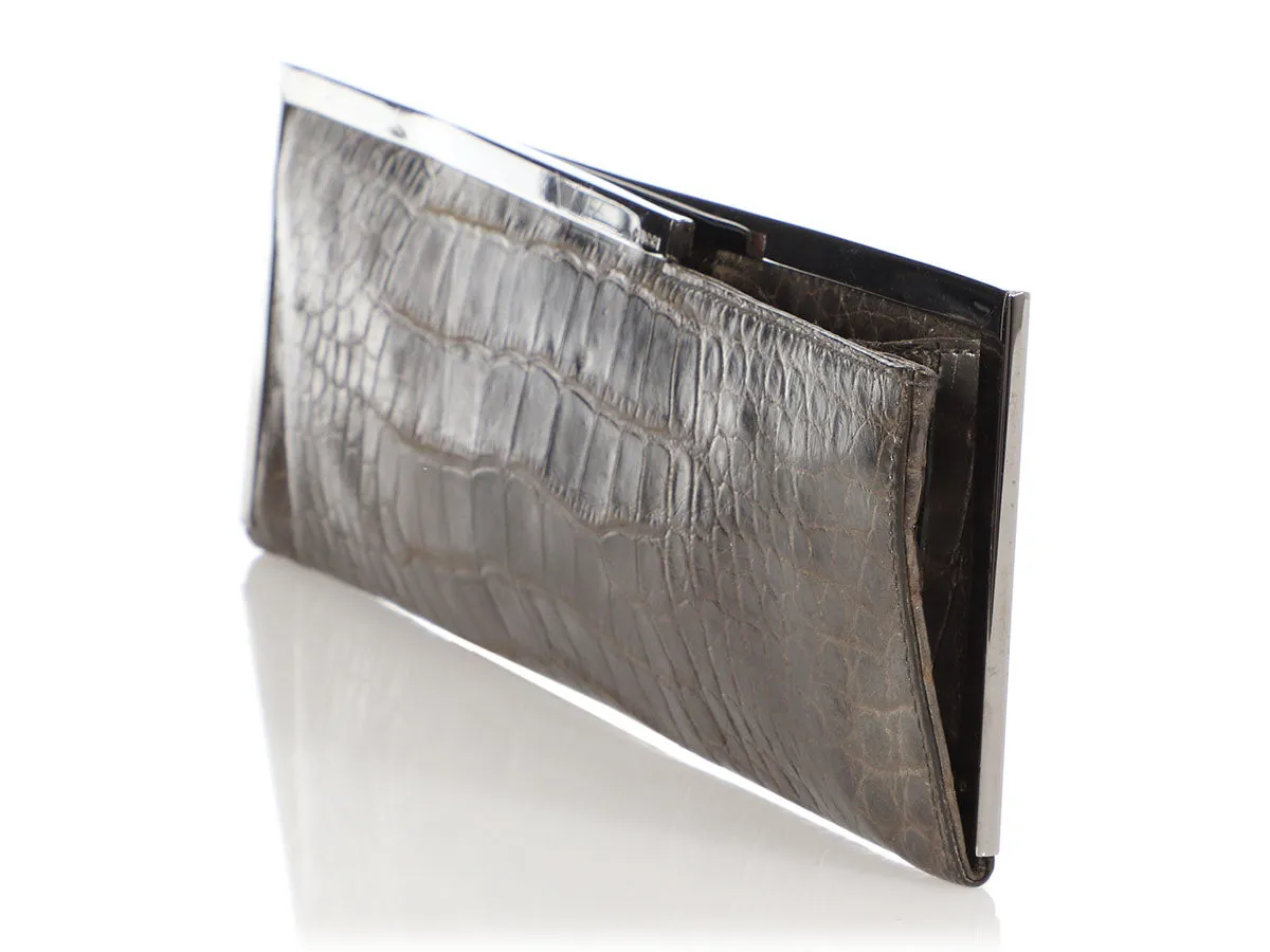 Gucci Pewter Long Crocodile Embossed Frame Clutch