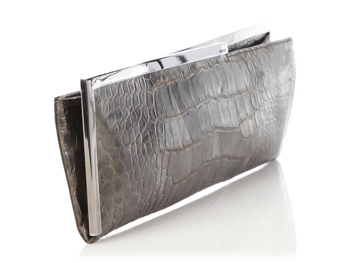 Gucci Pewter Long Crocodile Embossed Frame Clutch