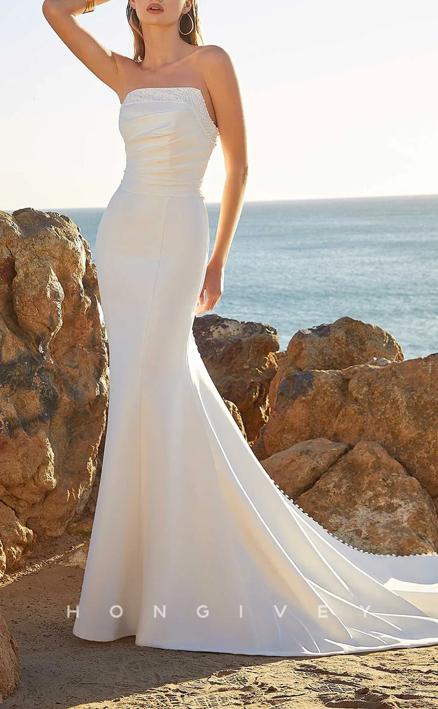 H1028 - Simple & Casual Strapless Sleeveless With Train Beach Wedding Dress