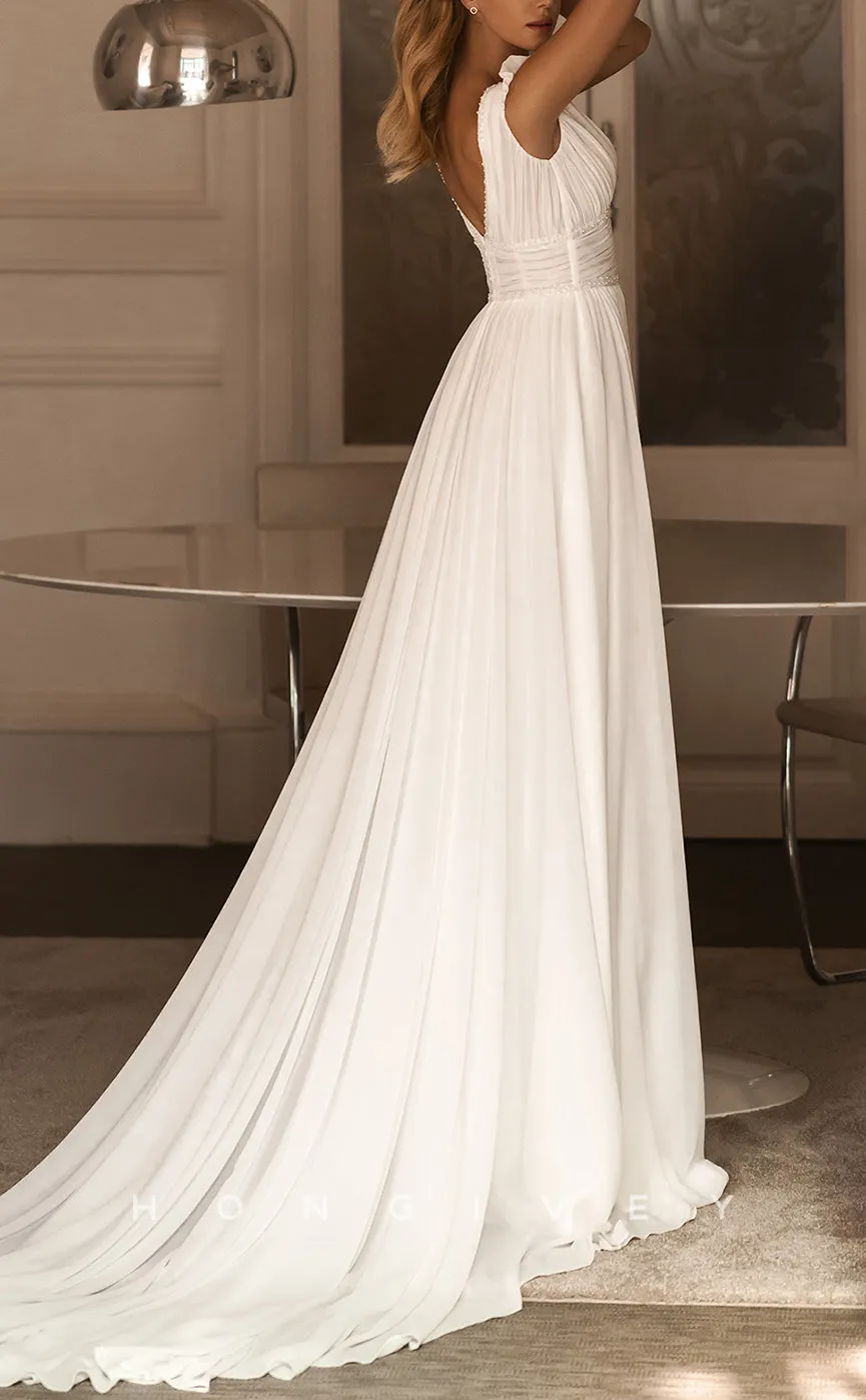 H1082 - Sexy V-Neck Sleeveless Empire Ruched With Side Slit Train Wedding Dress