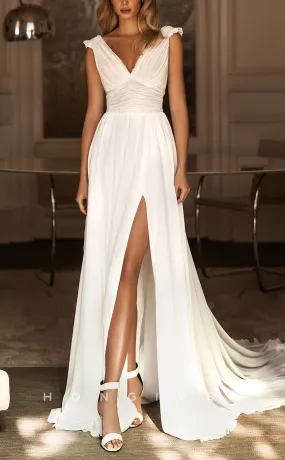 H1082 - Sexy V-Neck Sleeveless Empire Ruched With Side Slit Train Wedding Dress